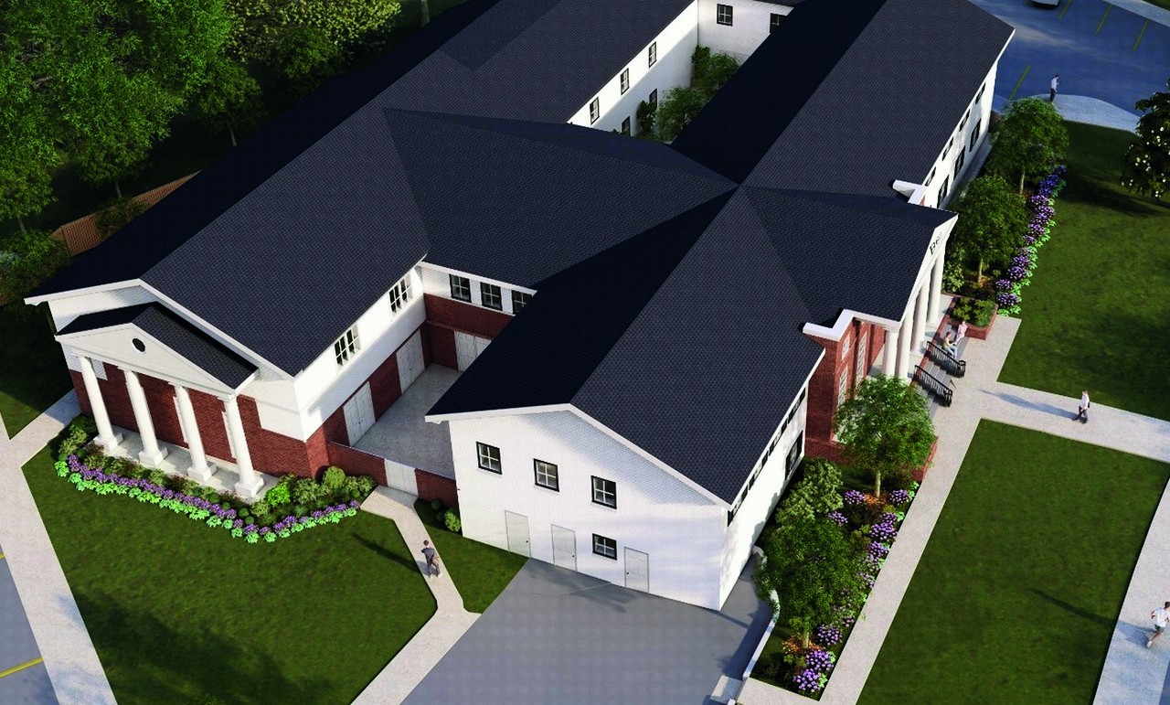 Architectural rendering of the expanded Beta Beta house, showing the courtyard, columned entrance, and residential wings